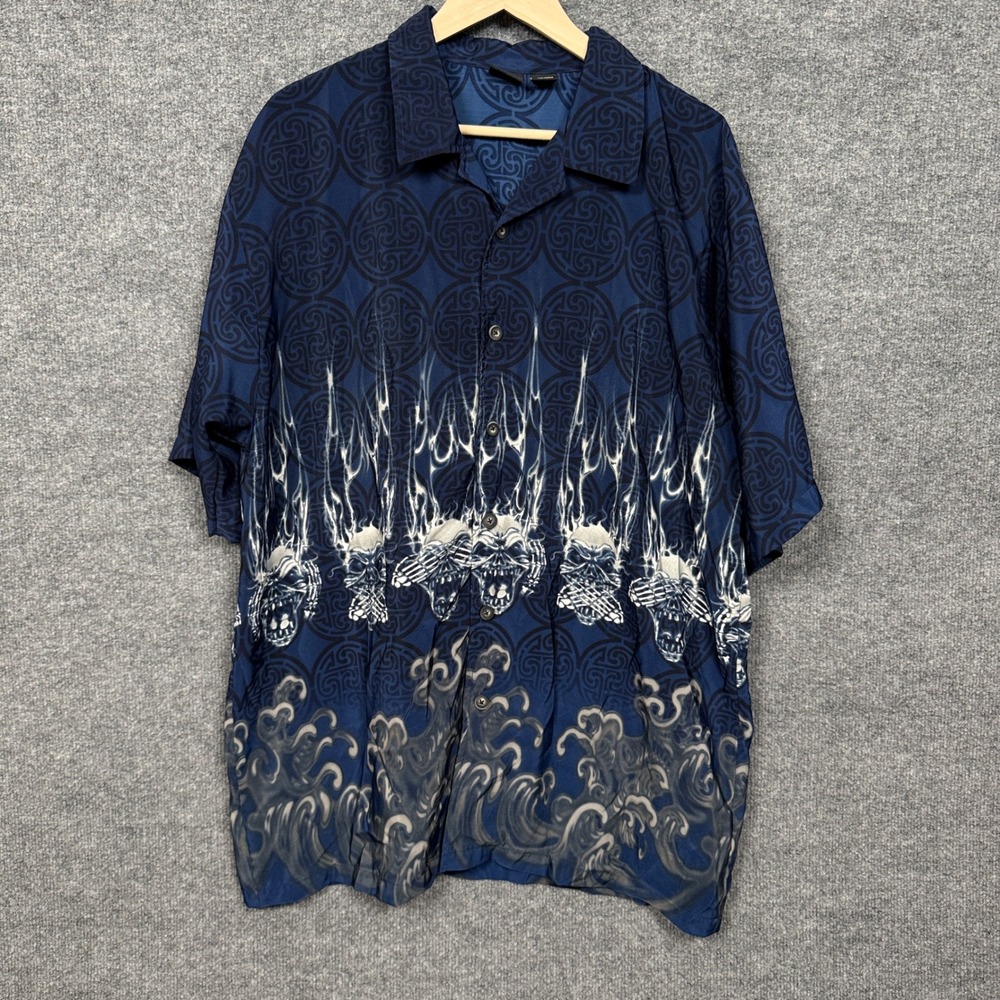 Vintage Amplify Mens Size XL Shirt Blue Tan Skull Flames Grunge Button Up Y2K